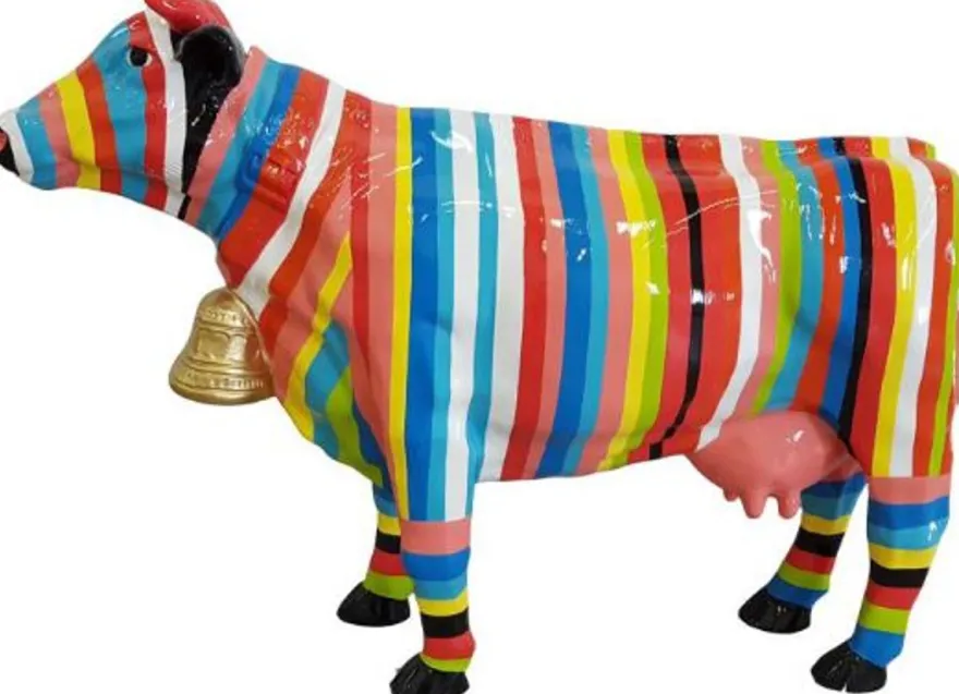 Casa Padrino Designer Dekofigur Kuh mit Streifen Bunt 104 x H. 67 cm - Deko Skulptur - Wetterbeständige Tierfigur