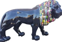 Casa Padrino Designer Dekofigur Löwe Schwarz / Mehrfarbig 190 x 61 x H. 140 cm - Riesige Lebensgroße Skulptur - Gartendeko