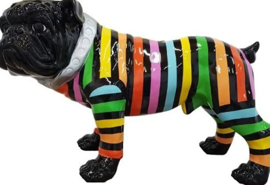 Casa Padrino Designer Dekofigur Hund Bulldogge Schwarz / Bunte Streifen 59 x H. 40 cm - Wetterbeständige Deko Skulptur - Wohnzimmer Deko - Garten Deko - Designer Deko Tierfigur