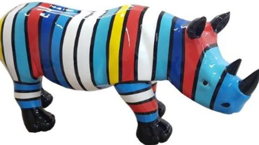 Casa Padrino Designer Dekofigur Nashorn Bunt Gestreift 75 x H. 35 cm - Wohnzimmer Deko Skulptur - Gartendeko Skulptur - Wetterbeständige Tierfigur