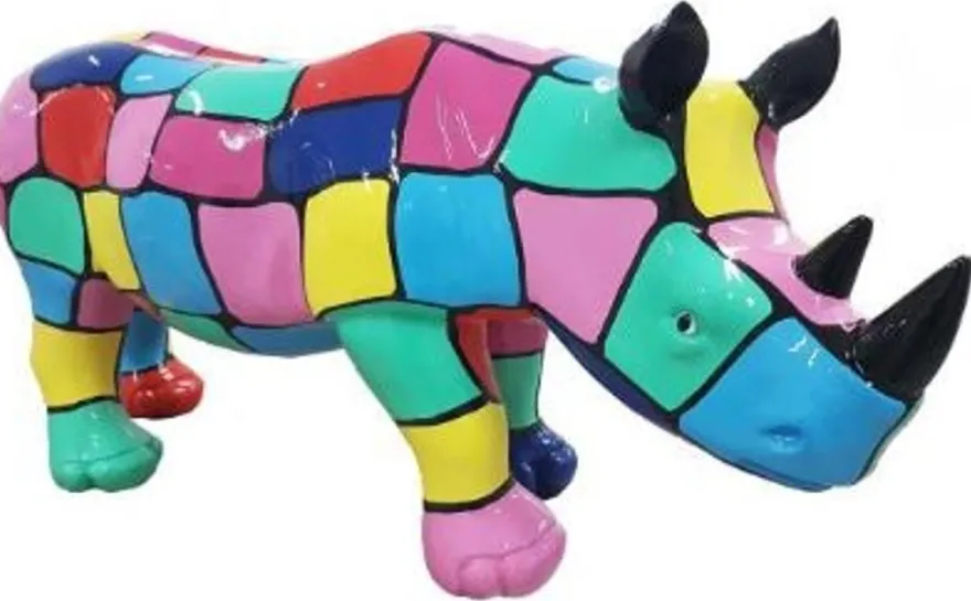 Casa Padrino Designer Dekofigur Nashorn Bunt 75 x H. 35 cm - Wohnzimmer Deko Skulptur - Gartendeko Skulptur - Wetterbeständige Tierfigur