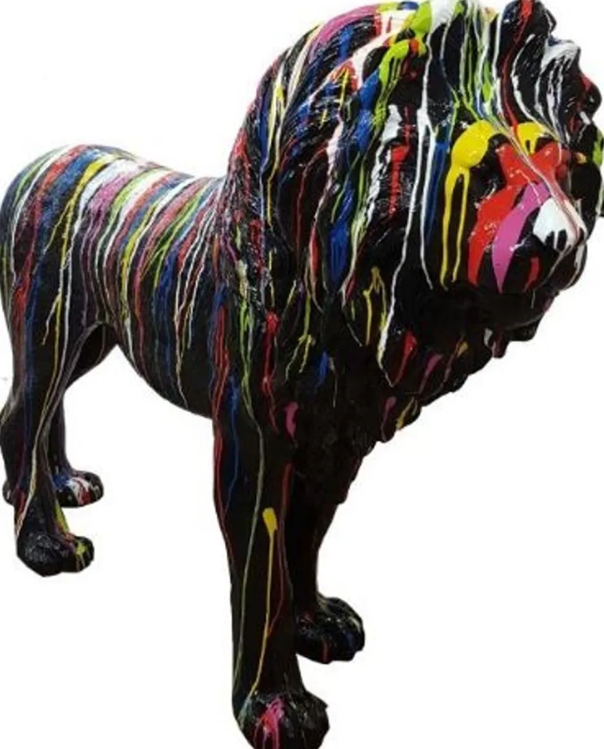 Casa Padrino Designer Dekofigur Löwe Schwarz / Mehrfarbig 190 x H. 140 cm - Riesige Lebensgroße Skulptur - Gartendeko