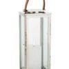 Casa Padrino Designer Deko Laterne aus Edelstahl in Nickel Finish, braunem Leder und Glas, 20 x 20 x H. 41 cm