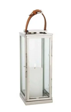 Casa Padrino Designer Deko Laterne aus Edelstahl in Nickel Finish, braunem Leder und Glas, 20 x 20 x H. 41 cm