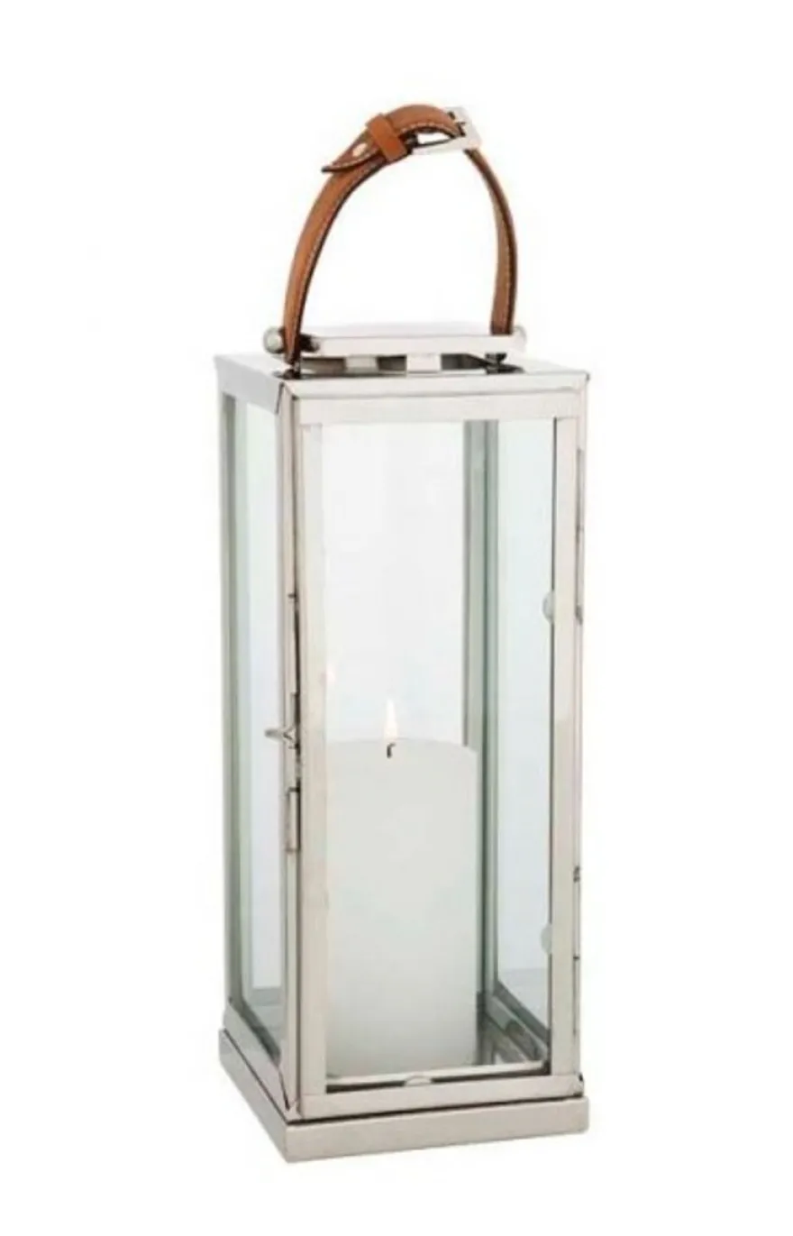 Casa Padrino Designer Deko Laterne aus Edelstahl in Nickel Finish, braunem Leder und Glas, 20 x 20 x H. 41 cm