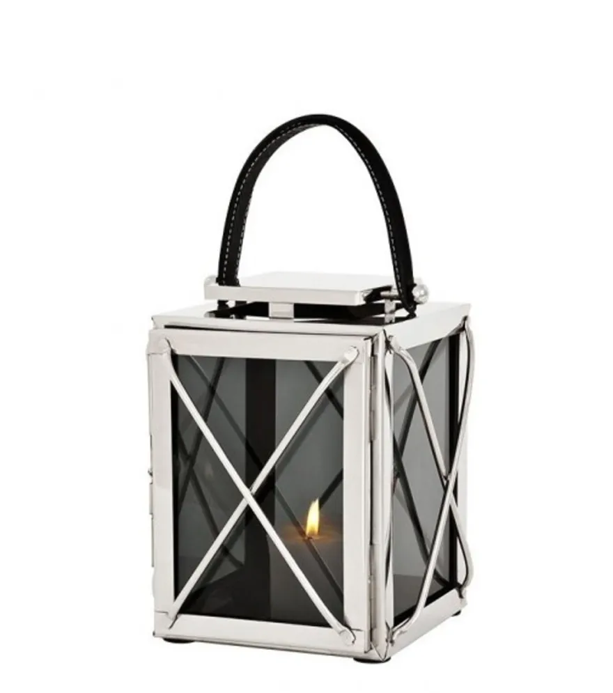 Casa Padrino Designer Deko Laterne aus Edelstahl in Nickel Finish, Silber und Rauchglas, 18 x 18 x H. 25 cm