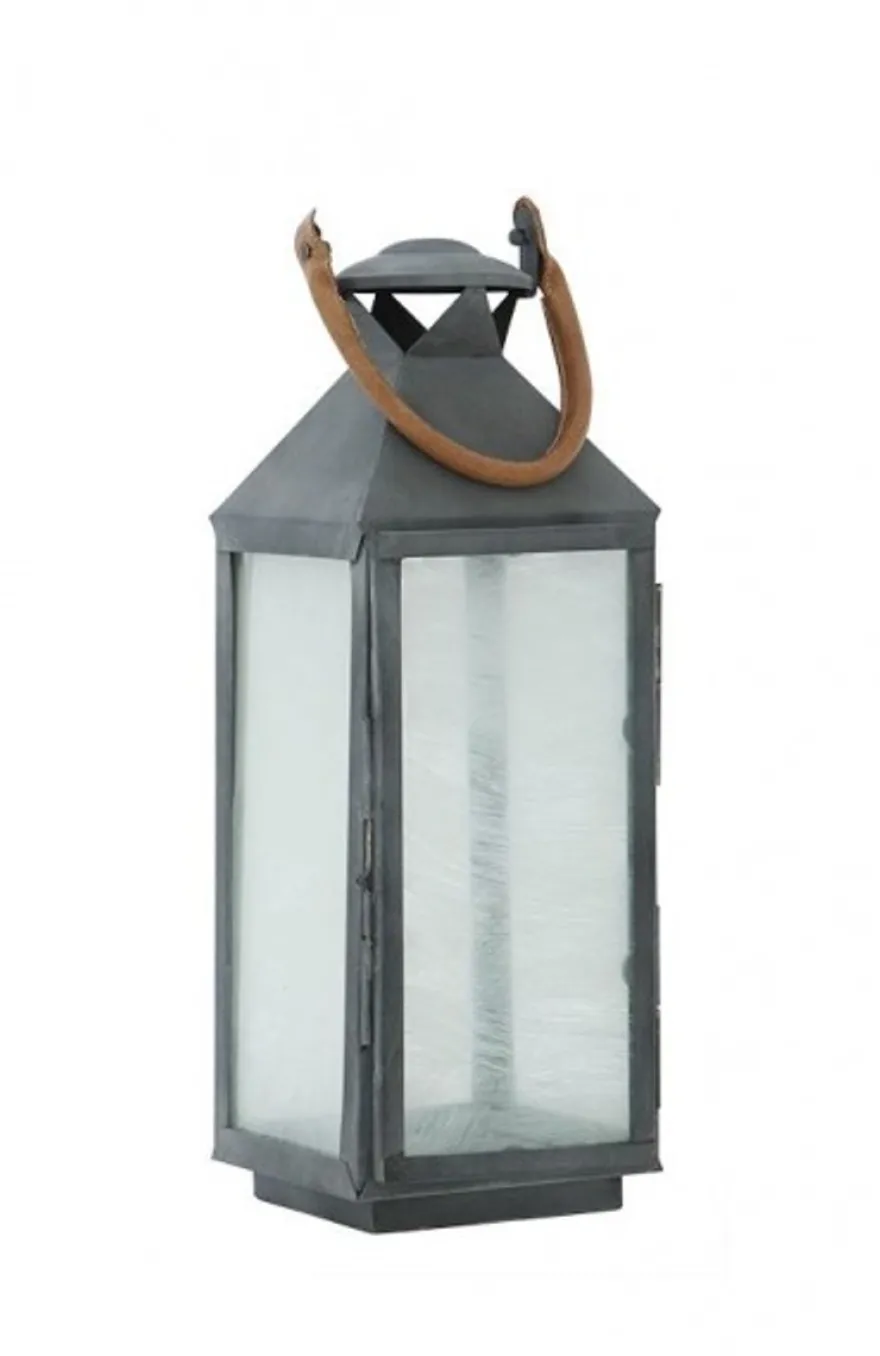 Casa Padrino Designer Deko Laterne Zink Finish mit Ledergriff 18 x 18 x H. 67 cm - Luxus Laterne