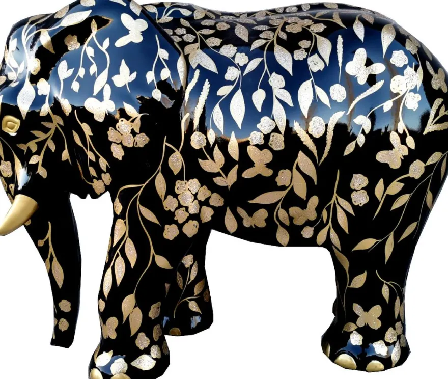 Casa Padrino Designer Deko Skulptur Elefant mit Glitzer Look Schwarz / Gold 90 x H. 70 cm - Deko Tierfigur - Wetterbeständige Gartendekofigur - Deko Accessoires