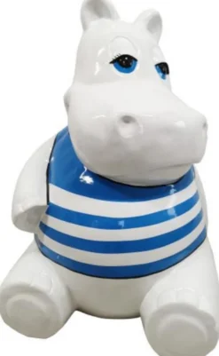 Casa Padrino Designer Deko Skulptur Sitzendes Nilpferd Weiß / Blau H. 48 cm - Wetterbeständige Deko Skulptur - Wohnzimmer Deko Figur - Garten Deko Figur - Deko Tierfigur - Deko Accessoires