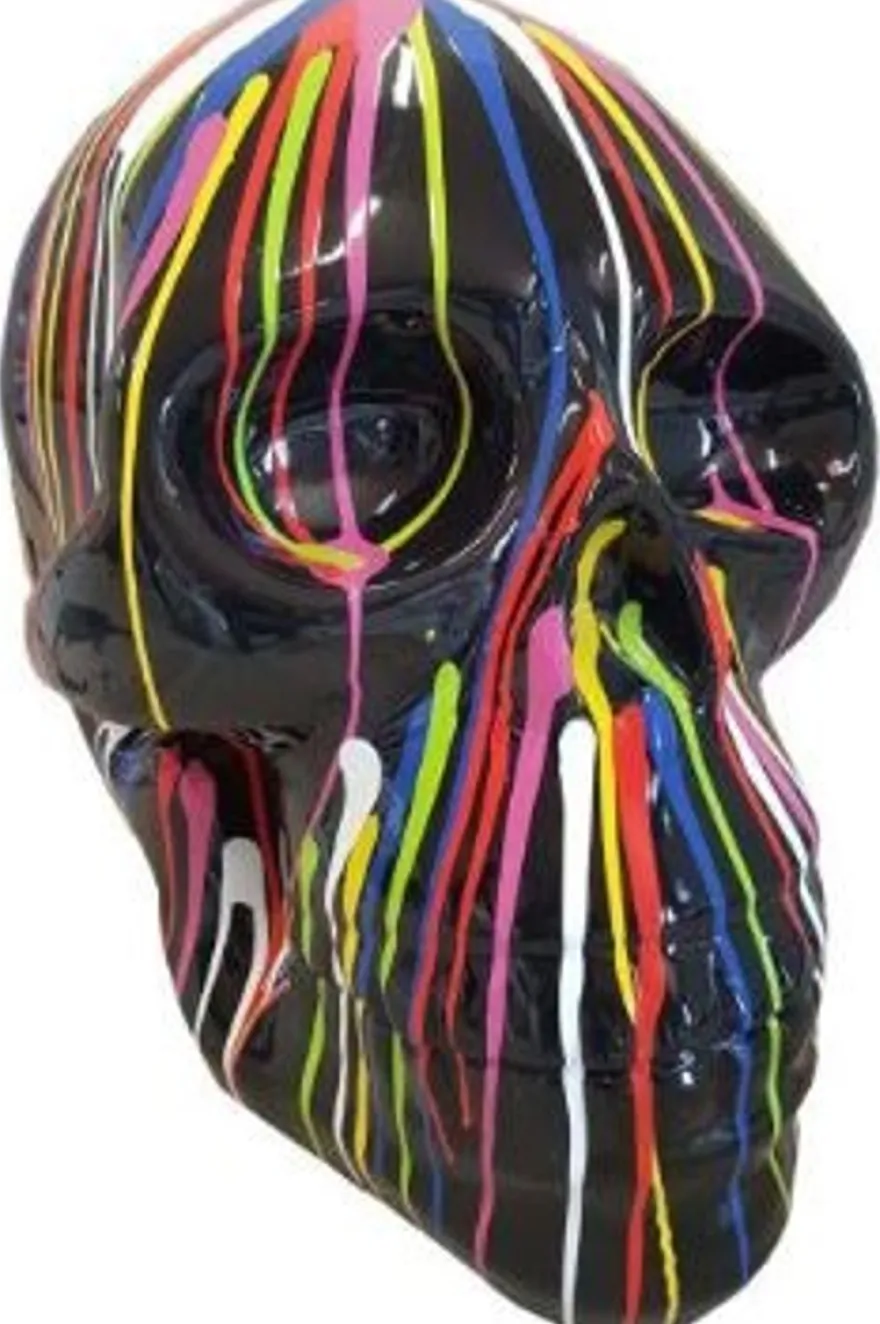 Casa Padrino Designer Deko Skulptur Totenkopf Schwarz / Mehrfarbig 44 x 58 x H. 66 cm - Wetterbeständige Dekofigur - Wohnzimmer Deko - Garten Deko