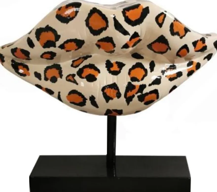 Casa Padrino Designer Deko Skulptur Leopard Lippen Mund mit Ständer Mehrfarbig / Schwarz 55 x H. 45 cm - Designer Deko Accessoires