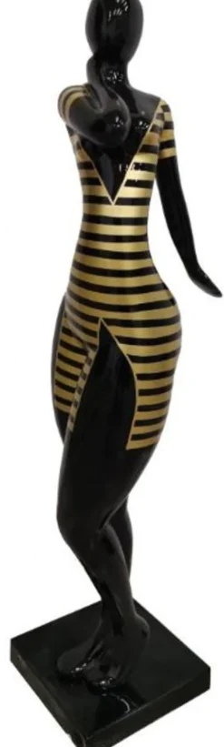 Casa Padrino Designer Deko Skulptur Frau mit Kleid Schwarz / Gold H. 102 cm - Wetterbeständige Dekofigur - Deko Accessoires