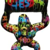Casa Padrino Designer Deko Skulptur Gorilla Affe mit Fass Schwarz / Bunt H. 100 cm - Wetterbeständige Dekofigur - Designer Deko Tierfigur