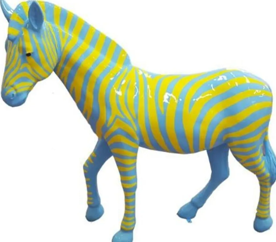 Casa Padrino Designer Deko Zebra Pferd Hellblau / Gelb 191 x H. 167 cm - Riesige Dekofigur - Lebensgroße Tierfigur - Gartendeko Skulptur