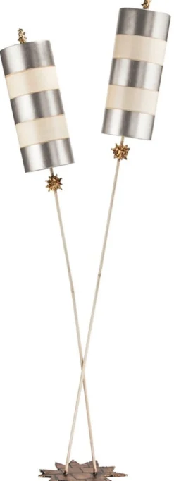 Casa Padrino Designer Doppel Stehleuchte Silber / Beige 63,5 x 35,6 x H. 198,1 cm - Moderne Stahl Stehlampe - Luxus Wohnzimmer Leuchten