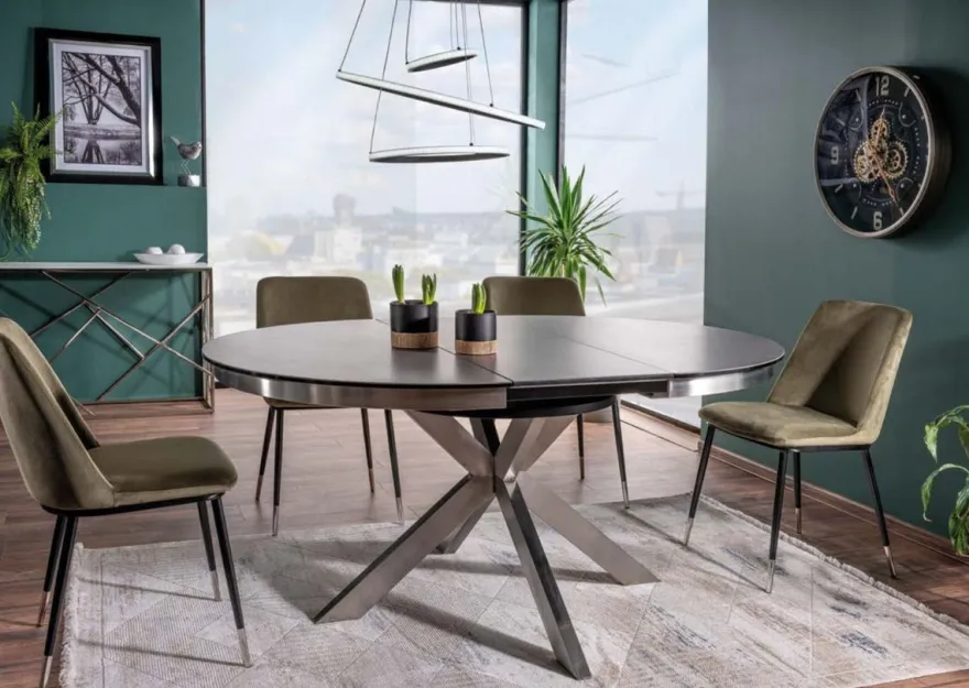 Casa Padrino Designer Esstisch Grau / Silber 120-160 x 120 x H. 76 cm - Ausziehbarer Esszimmertisch mit Glaskeramik Tischplatte und Edelstahl Beinen - Küchen Möbel - Designer Esszimmer Möbel