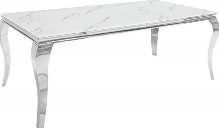 Casa Padrino Designer Esstisch Weiß / Grau / Silber 180 x 95 x H. 75 cm - Rechteckiger Edelstahl Küchentisch mit digitalbedrucktem Sicherheitsglas in Marmoroptik - Moderne Barock Möbel