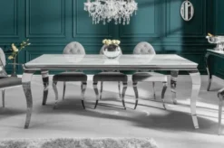 Casa Padrino Designer Esstisch Weiß / Grau / Silber 180 x 95 x H. 75 cm - Rechteckiger Edelstahl Küchentisch mit digitalbedrucktem Sicherheitsglas in Marmoroptik - Moderne Barock Möbel