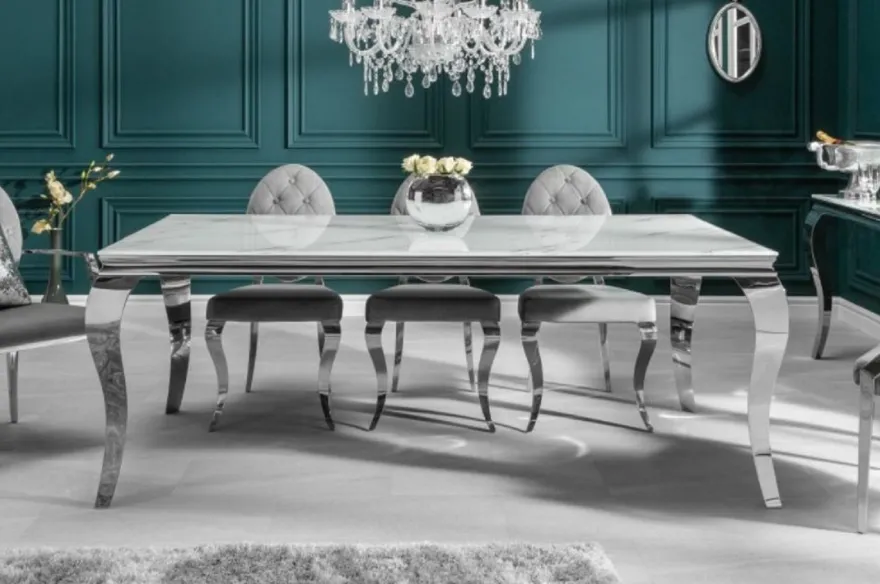 Casa Padrino Designer Esstisch Weiß / Grau / Silber 180 x 95 x H. 75 cm - Rechteckiger Edelstahl Küchentisch mit digitalbedrucktem Sicherheitsglas in Marmoroptik - Moderne Barock Möbel
