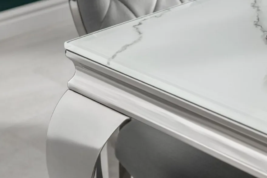 Casa Padrino Designer Esstisch Weiß / Grau / Silber 180 x 95 x H. 75 cm - Rechteckiger Edelstahl Küchentisch mit digitalbedrucktem Sicherheitsglas in Marmoroptik - Moderne Barock Möbel