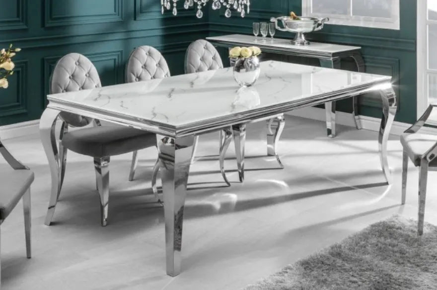 Casa Padrino Designer Esstisch Weiß / Grau / Silber 180 x 95 x H. 75 cm - Rechteckiger Edelstahl Küchentisch mit digitalbedrucktem Sicherheitsglas in Marmoroptik - Moderne Barock Möbel