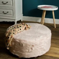 Casa Padrino Designer Fellhocker Rosa Ø 50 x H. 21 cm - Runder Hocker mit Kunstfell