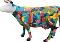 Casa Padrino Designer Gartendeko Skulptur Kuh Bunt 210 x 55 x H. 147 cm - Riesige wetterbeständige Dekofigur - Lebensgroße Tierfigur