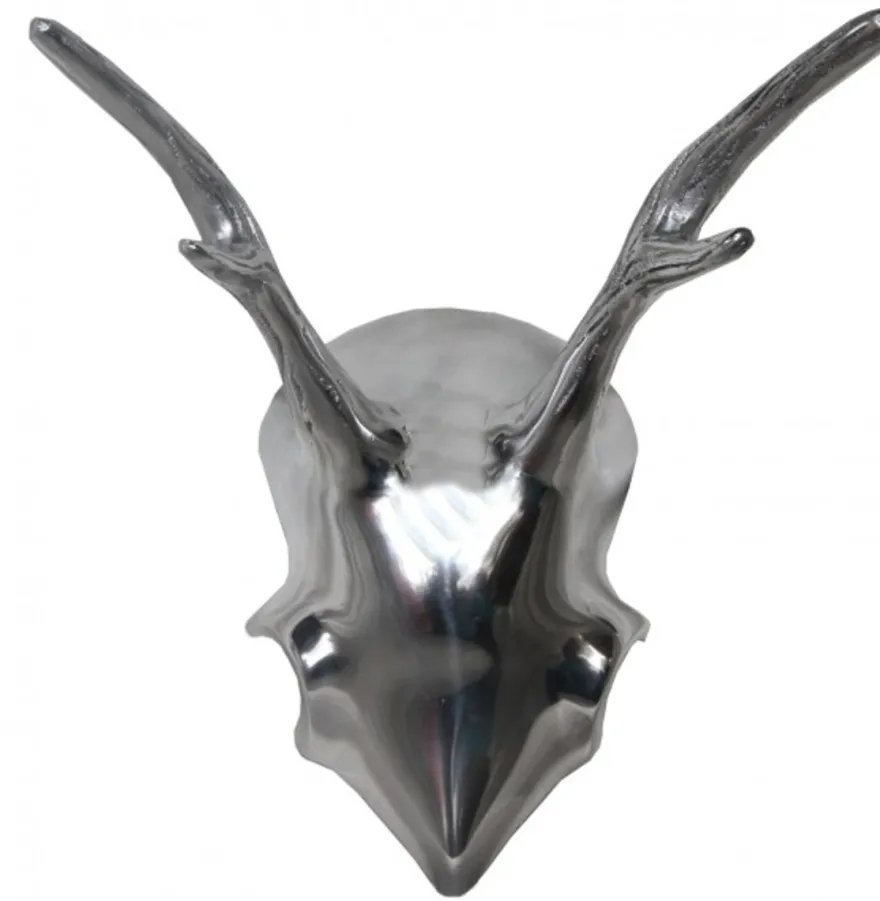 Casa Padrino Designer Geweih Deko Hirsch aus poliertem Aluminium Silber, Höhe 24 cm, Breite 22 cm, Tiefe 17 cm