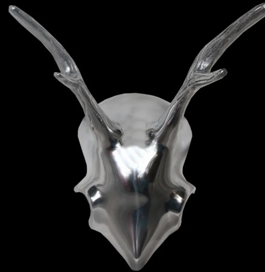 Casa Padrino Designer Geweih Deko Hirsch aus poliertem Aluminium Silber, Höhe 24 cm, Breite 22 cm, Tiefe 17 cm