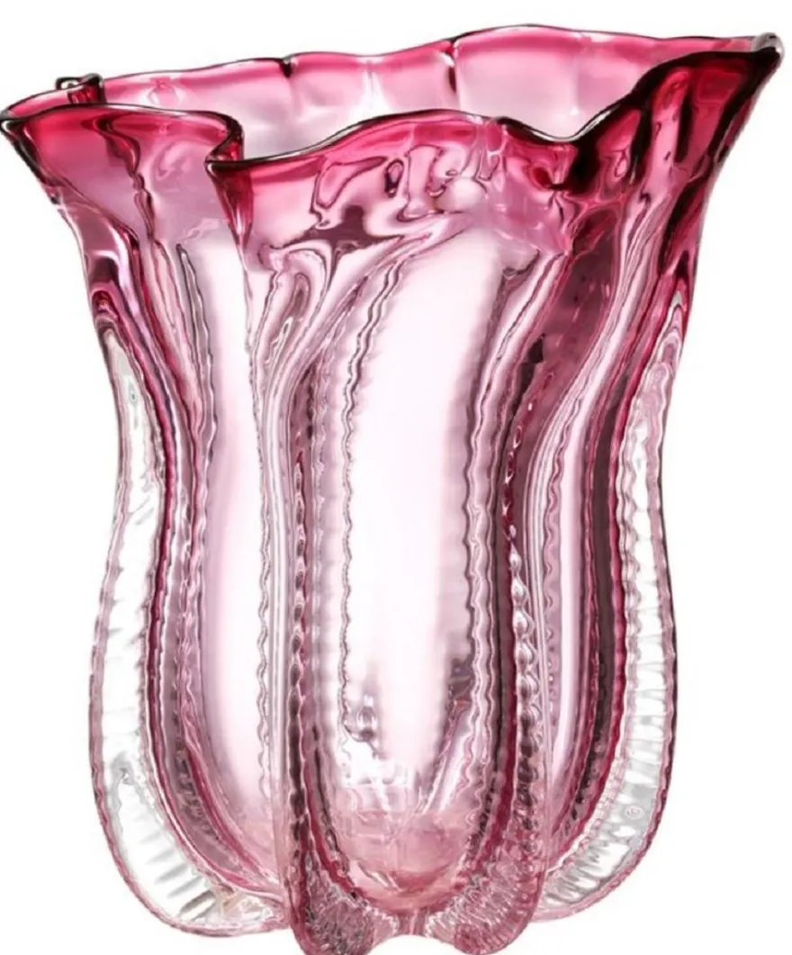 Casa Padrino Designer Glas Blumenvase Rosa Ø 25 x H. 28 cm - Luxus Deko Vase
