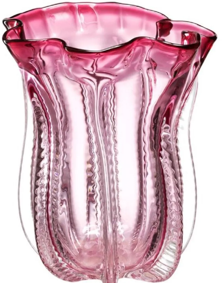 Casa Padrino Designer Glas Blumenvase Rosa Ø 25 x H. 28 cm - Luxus Deko Vase