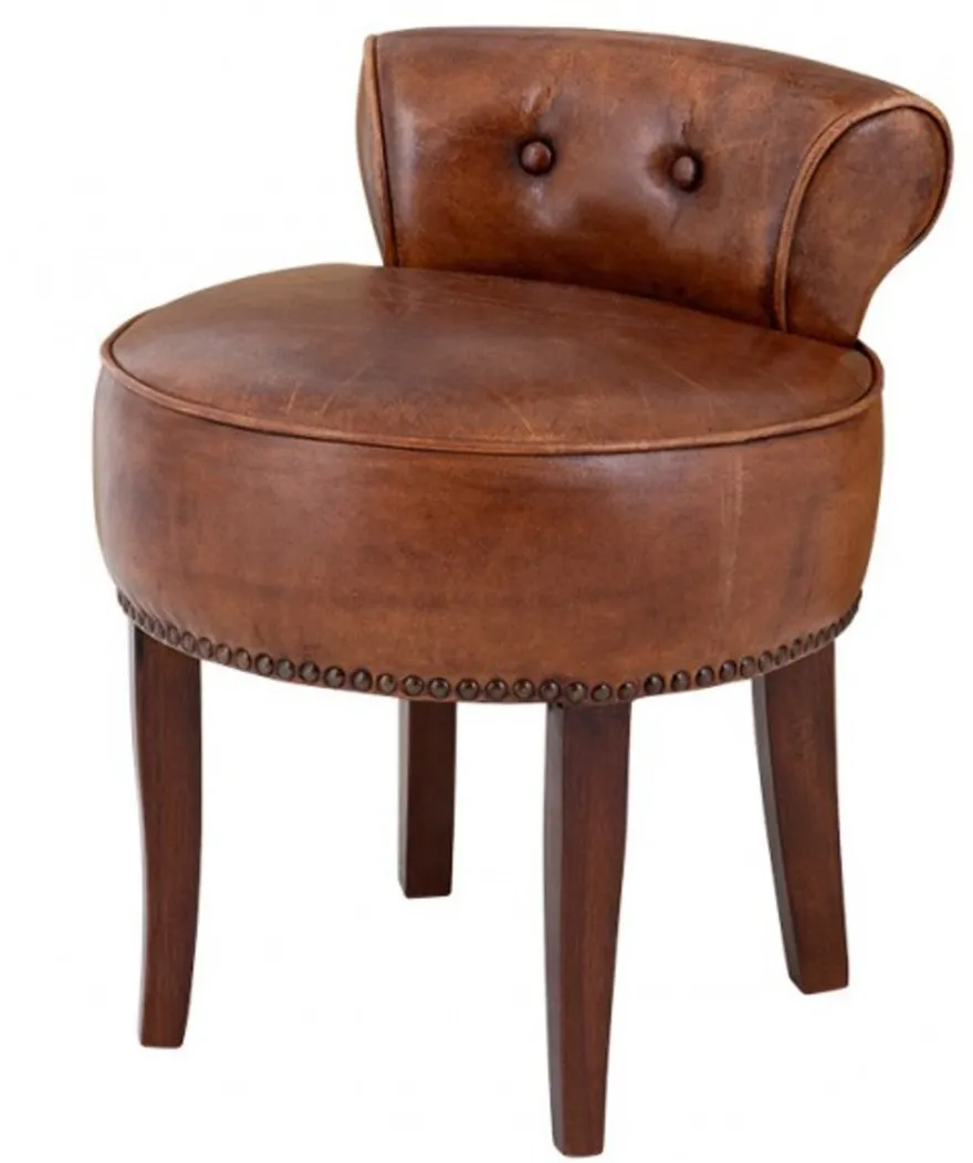 Casa Padrino Designer Hocker Stuhl aus massivem Eichenholz und Echtleder in Braun, 48 x 46 x 56 cm