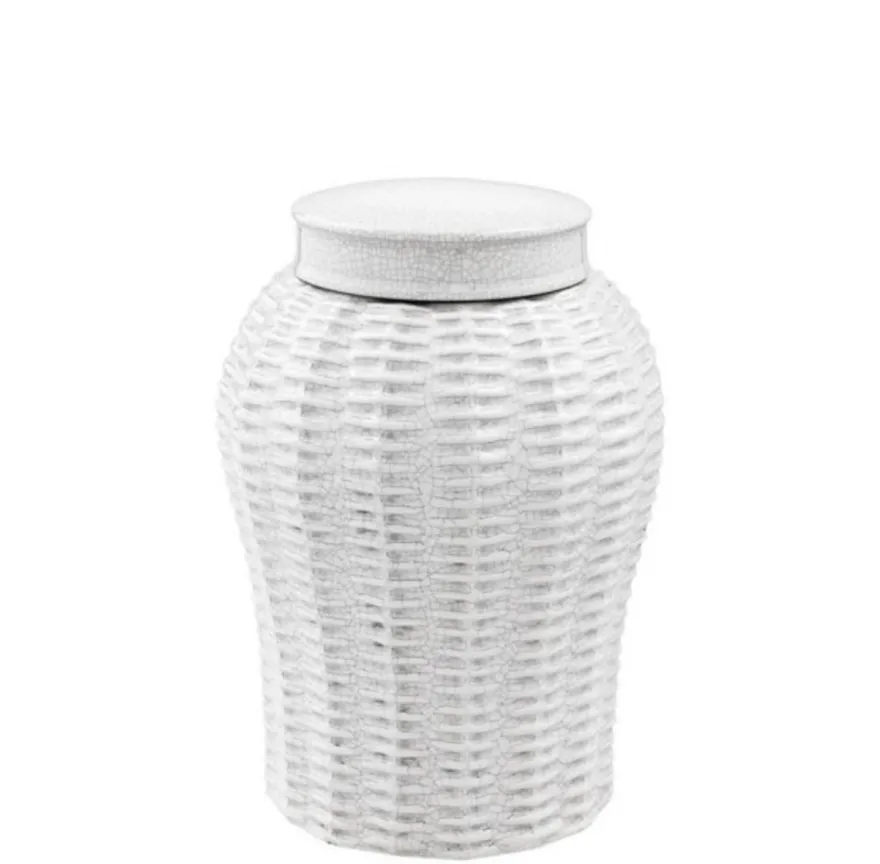 Casa Padrino Designer Keramik Vase mit Deckel in geknistertem Weiß, Durchmesser 18 x H. 26 cm