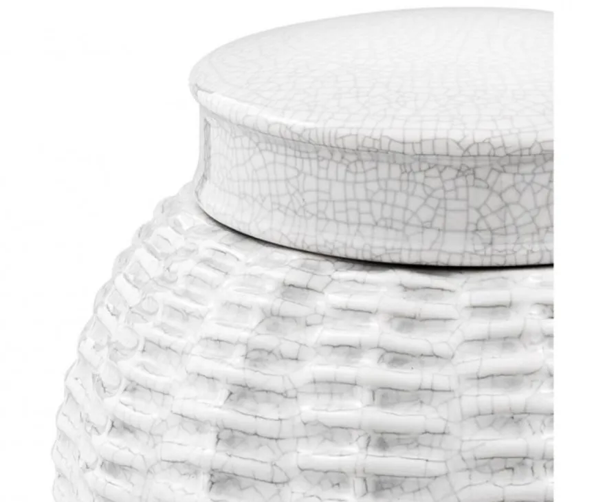 Casa Padrino Designer Keramik Vase mit Deckel in geknistertem Weiß, Durchmesser 18 x H. 26 cm
