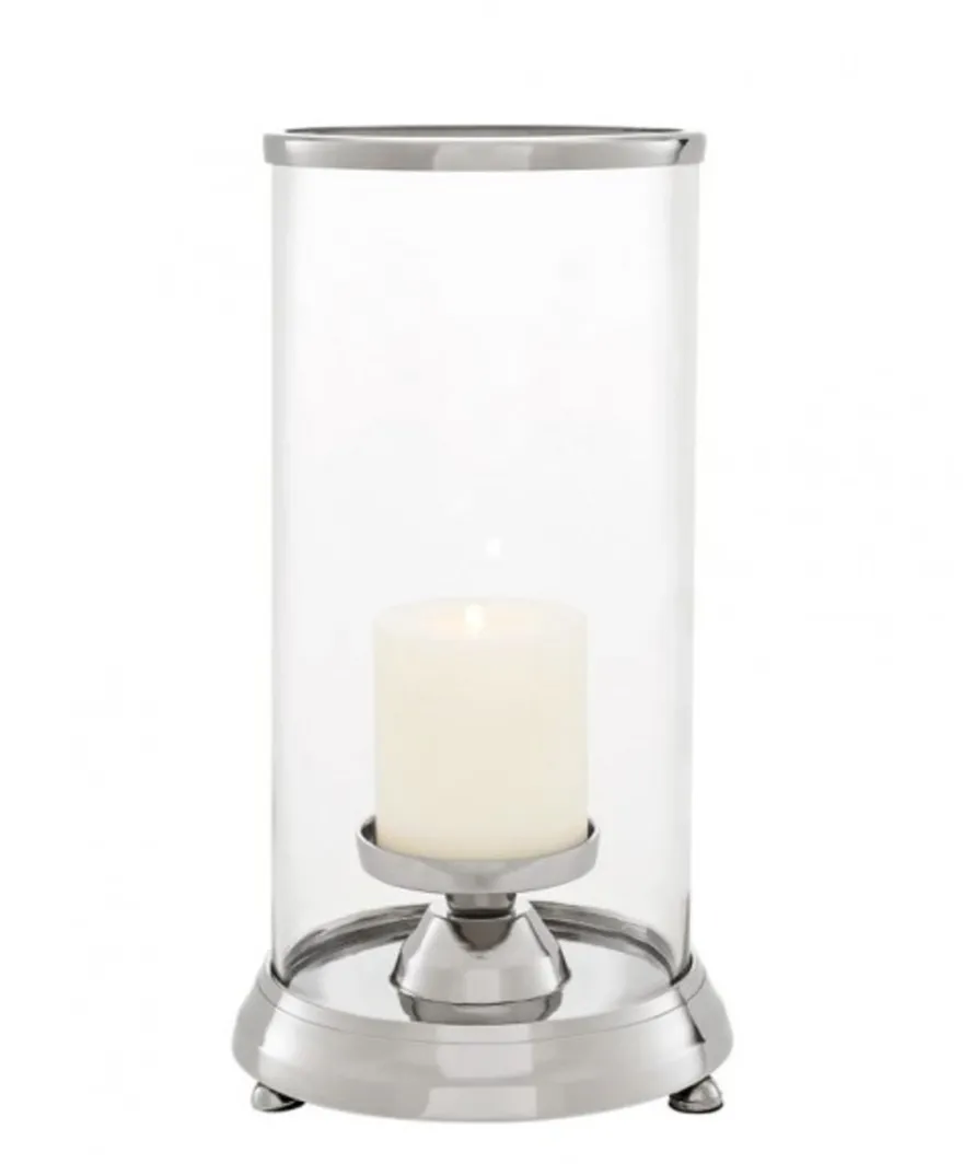 Casa Padrino Designer Kerzenleuchter aus Aluminium und Glas, Nickel und klar, Durchmesser 16 x H. 34 cm - Limited Edition