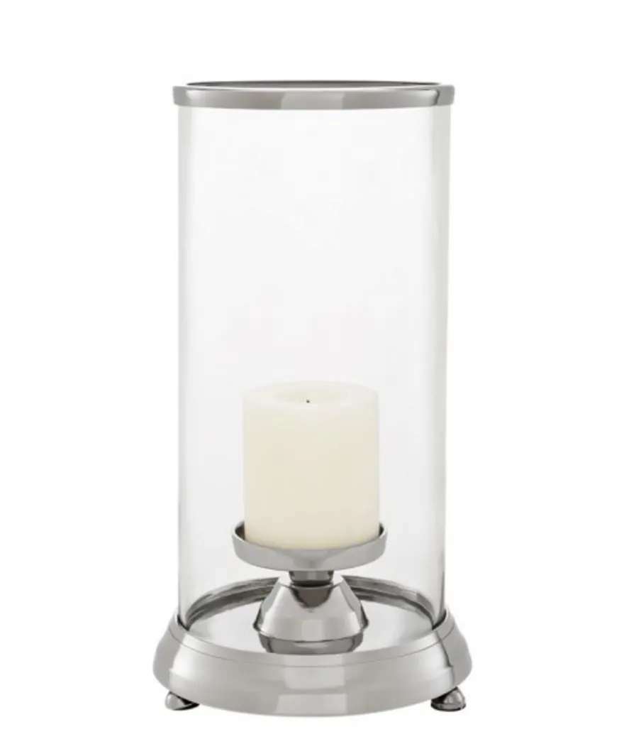 Casa Padrino Designer Kerzenleuchter aus Aluminium und Glas, Nickel und klar, Durchmesser 16 x H. 34 cm - Limited Edition