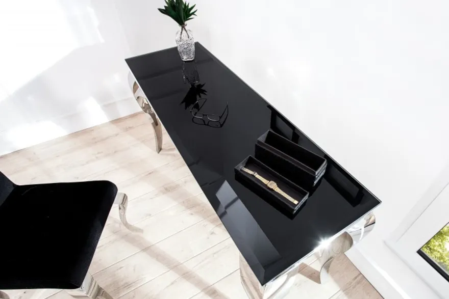 Casa Padrino Designer Konsole B144cm x H75cm x T54cm Schwarz / Silber - Luxus Konsolentisch
