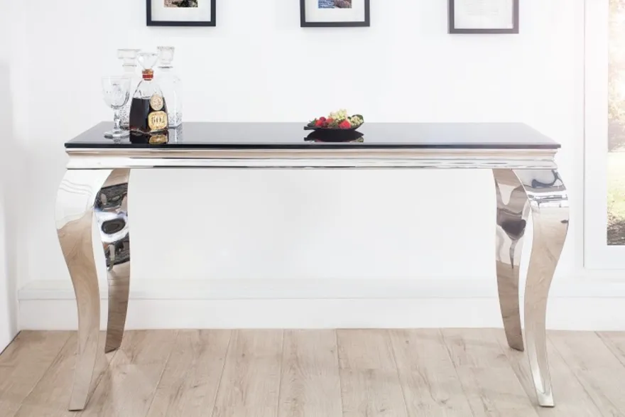 Casa Padrino Designer Konsole B144cm x H75cm x T54cm Schwarz / Silber - Luxus Konsolentisch