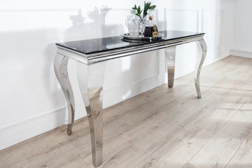 Casa Padrino Designer Konsole B144cm x H75cm x T54cm Schwarz / Silber - Luxus Konsolentisch