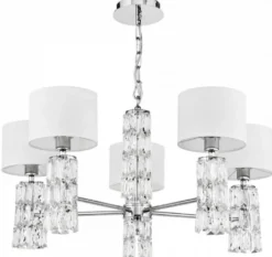 Casa Padrino Designer Kronleuchter Silber / Weiß Ø 70 x H. 37,2 cm - Moderner Metall Kronleuchter mit eleganten Glaselementen und runden Lampenschirmen