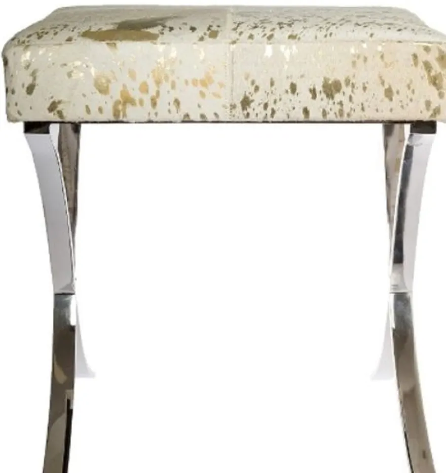 Casa Padrino Designer Kunstfell Hocker Weiß / Gold / Silber 40 x 33 x H. 45 cm - Designer Möbel