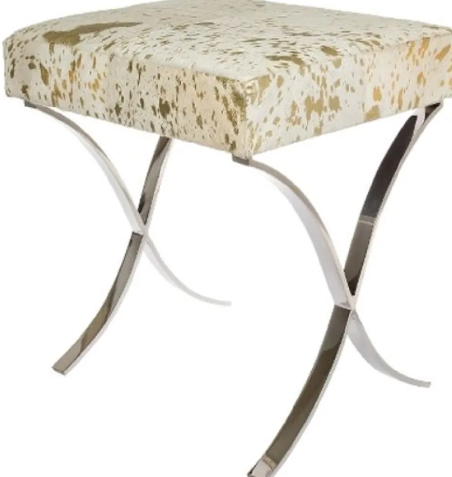 Casa Padrino Designer Kunstfell Hocker Weiß / Gold / Silber 40 x 33 x H. 45 cm - Designer Möbel