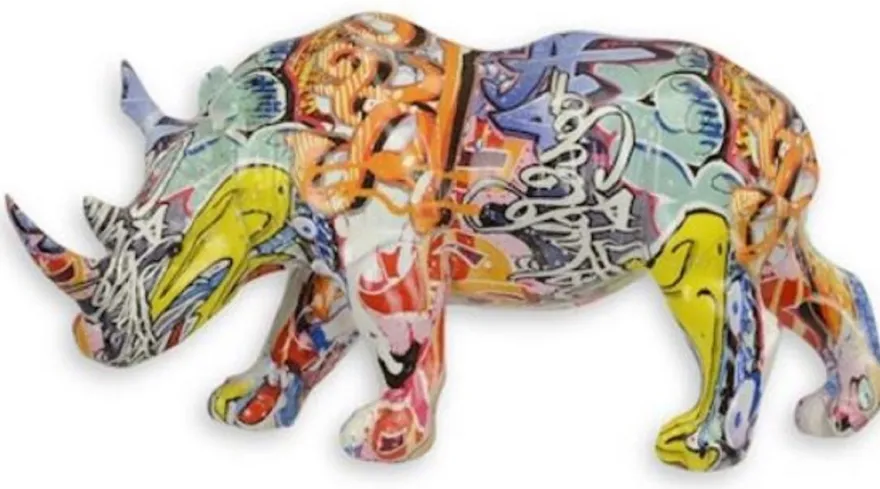 Casa Padrino Designer Kunstharz Dekofigur Nashorn Bunt 31,9 x 13 x H. 16,8 cm - Wohnzimmer Deko Skulptur - Deko Accessoires
