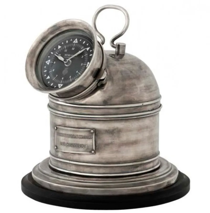 Casa Padrino Designer Luxus Tischuhr Compass aus der Henry Lloyd Collection, versilbert im Altik-Look, 28 x 27 cm