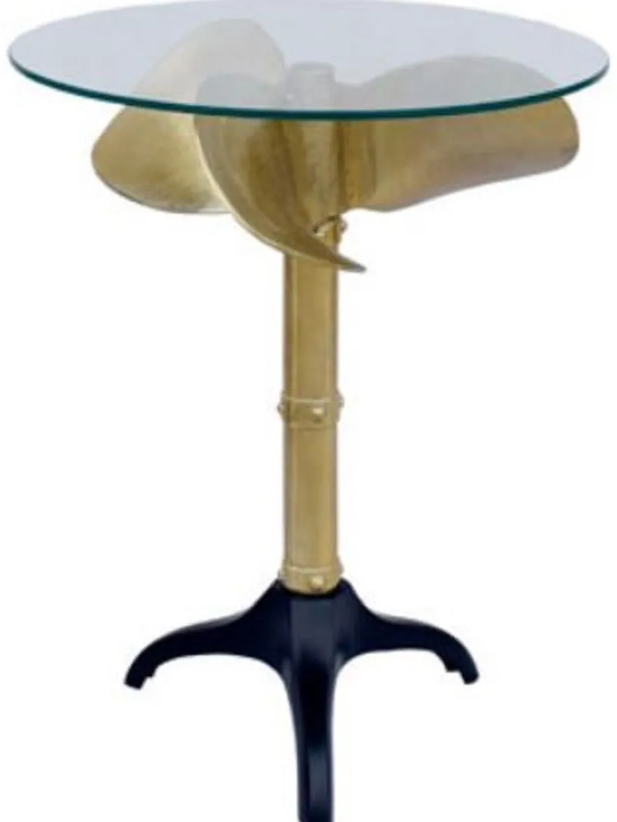 Casa Padrino Designer Propeller Beistelltisch Gold / Schwarz Ø 57 x H. 73 cm - Runder Schiffspropeller Tisch mit Glasplatte - Wohnzimmer Möbel