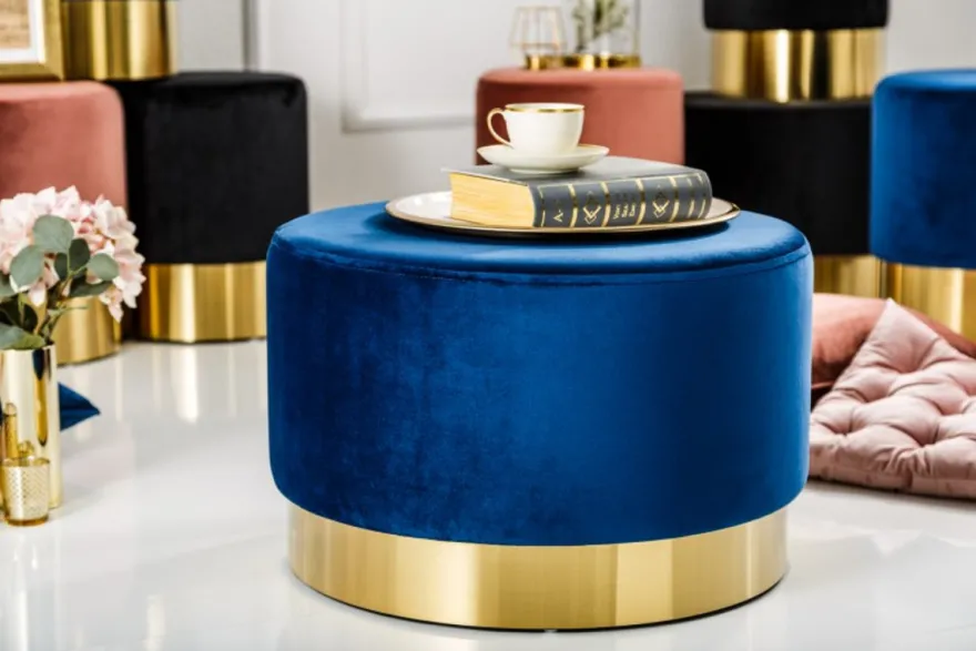 Casa Padrino Designer Rundhocker Blau / Gold B. 55 x H. 35 cm - Wohnzimmer Möbel