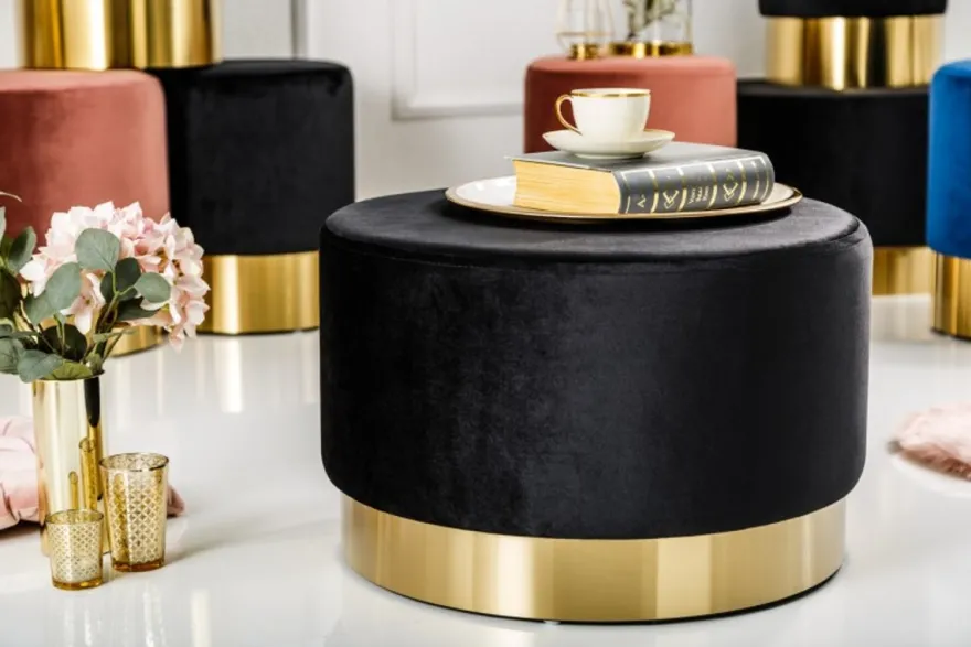 Casa Padrino Designer Rundhocker Schwarz / Gold B. 55 x H. 35 cm - Wohnzimmer Möbel