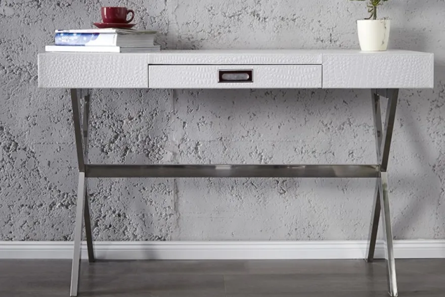 Casa Padrino Designer Schminktisch mit Schublade, Weiss, Krokodilnachbildung, 120 x 72 x 45 cm