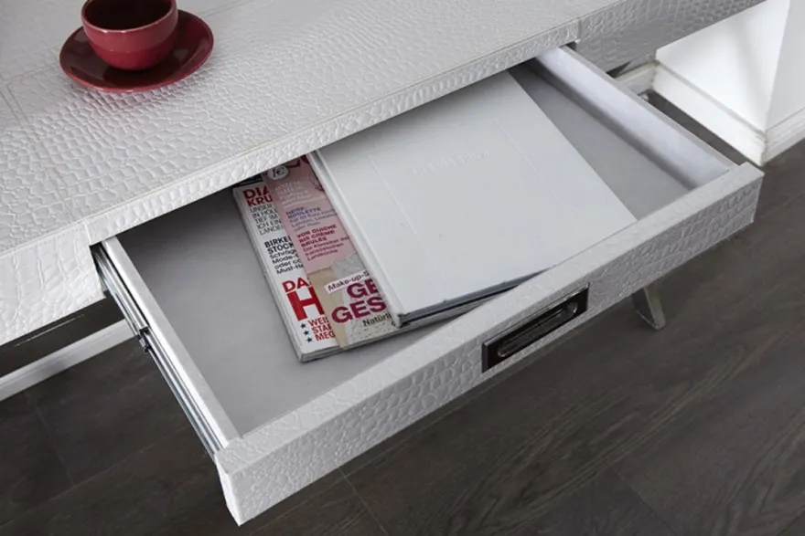 Casa Padrino Designer Schminktisch mit Schublade, Weiss, Krokodilnachbildung, 120 x 72 x 45 cm