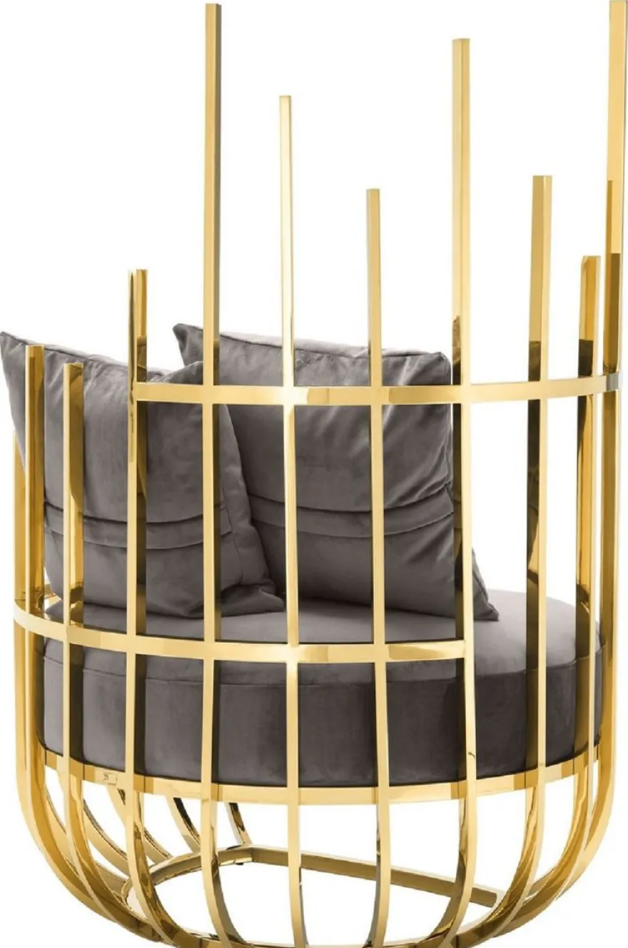 Casa Padrino Designer Sessel linksseitig mit 2 Kissen Grau / Gold 91,5 x 75 x H. 136,5 cm - Designer Wohnzimmer Möbel - Luxus Qualität